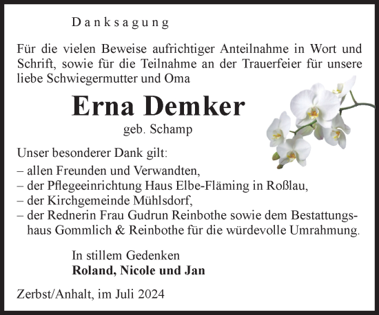 Traueranzeige von Erna Demker von Volksstimme Zerbst