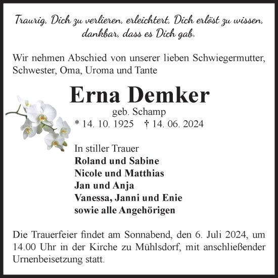 Traueranzeige von Erna Demker von Volksstimme Zerbst