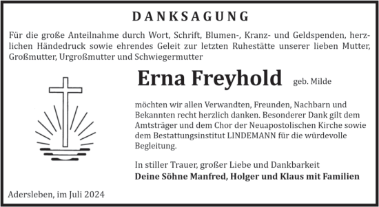 Traueranzeige von Erna Freyhold von Volksstimme Halberstadt