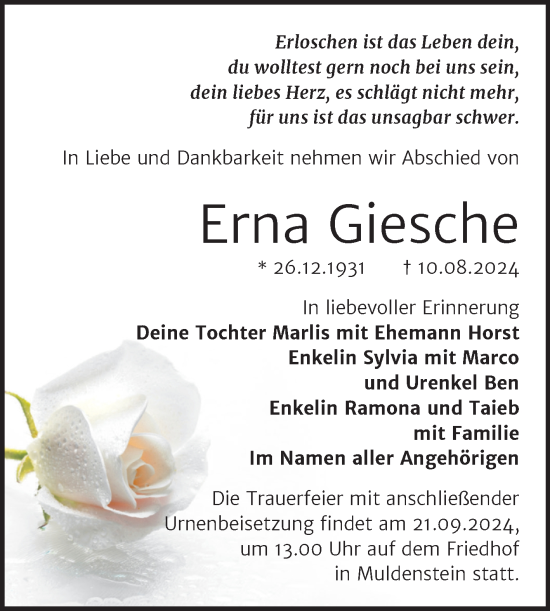 Traueranzeige von Erna Giesche von Trauerkombi Bitterfeld