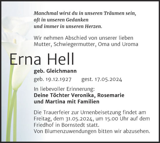 Traueranzeige von Erna Hell von Trauerkombi Mansfelder Land