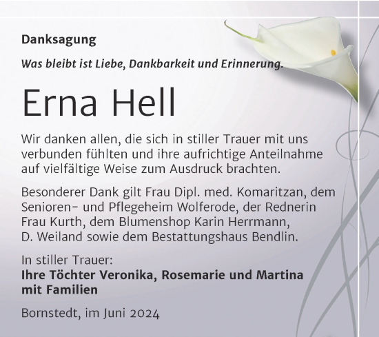 Traueranzeige von Erna Hell von Trauerkombi Mansfelder Land