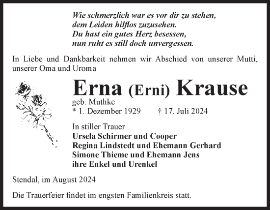 Traueranzeige von Erna  Krause von Volksstimme Altmark Ost