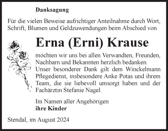 Traueranzeige von Erna  Krause von Volksstimme Altmark Ost