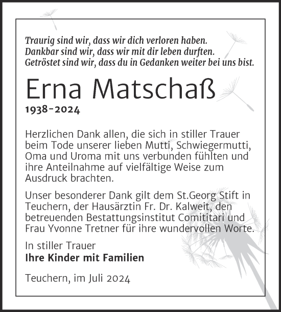 Traueranzeige von Erna Matschaß von Trauerkombi Weißenfels