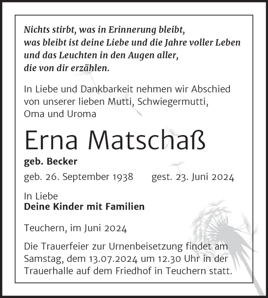 Traueranzeige von Erna Matschaß von Trauerkombi Weißenfels