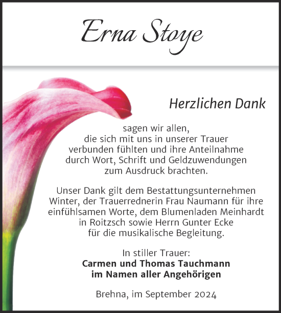 Traueranzeige von Erna Stoye von Trauerkombi Bitterfeld