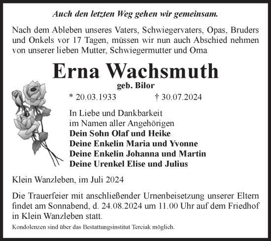 Traueranzeige von Erna Wachsmuth von Volksstimme Oschersleben/Wanzleben