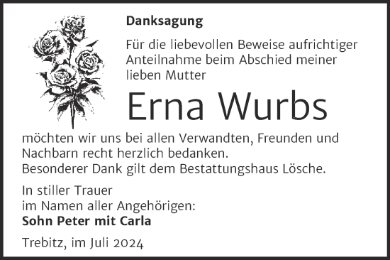 Traueranzeige von Erna Wurbs von Trauerkombi Wittenberg