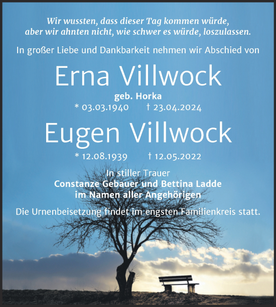 Traueranzeige von Erna und Eugen Villwock von Trauerkombi Bitterfeld