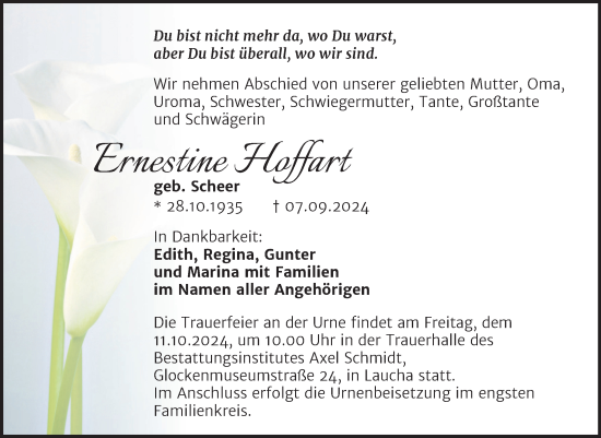 Traueranzeige von Ernestine Hoffart von Trauerkombi Merseburg