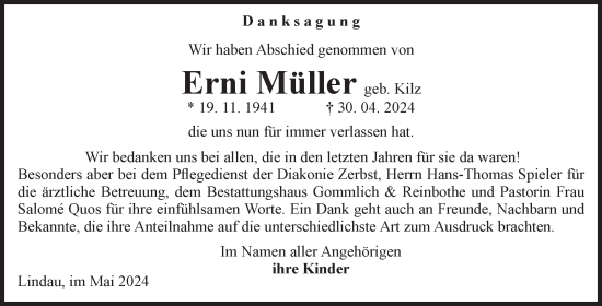 Traueranzeige von Erni Müller von Volksstimme Zerbst