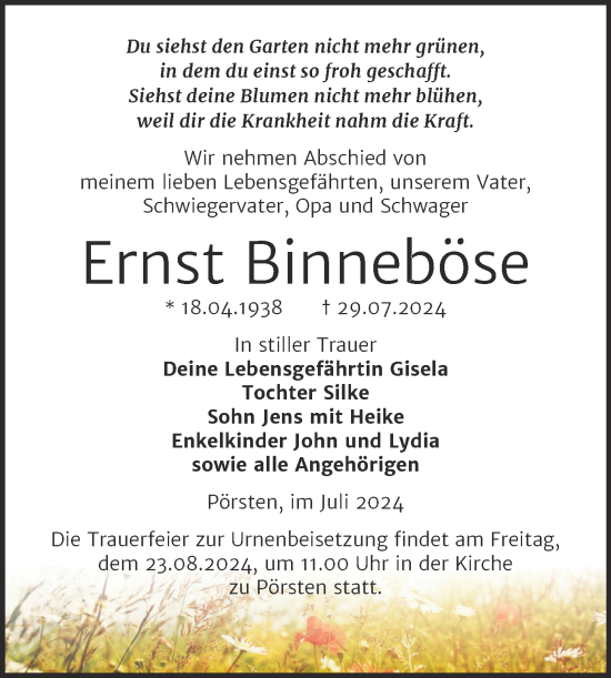 Traueranzeige von Ernst Binneböse von Trauerkombi Weißenfels