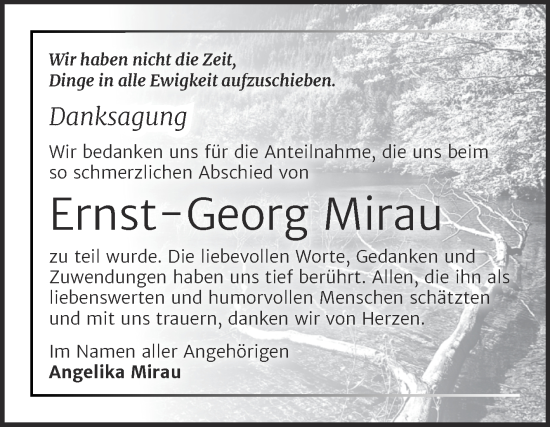 Traueranzeige von Ernst-Georg Mirau von Trauerkombi Sangerhausen