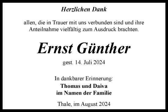 Traueranzeige von Ernst Günther von Mitteldeutsche Zeitung Quedlingburg