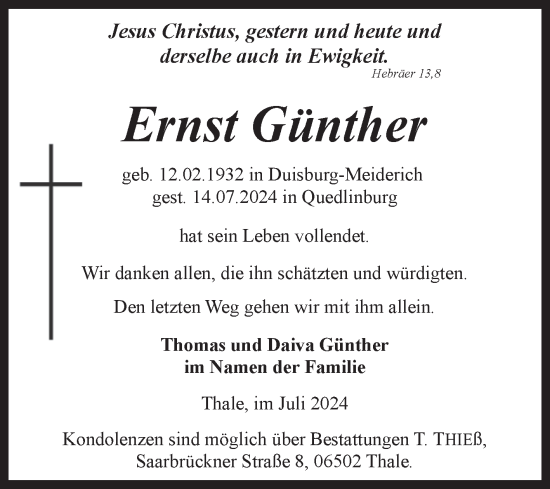 Traueranzeige von Ernst Günther von Mitteldeutsche Zeitung Quedlingburg