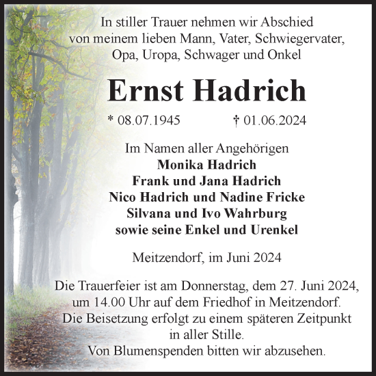 Traueranzeige von Ernst Hadrich von Volksstimme Haldensleben/Wolmirstedt