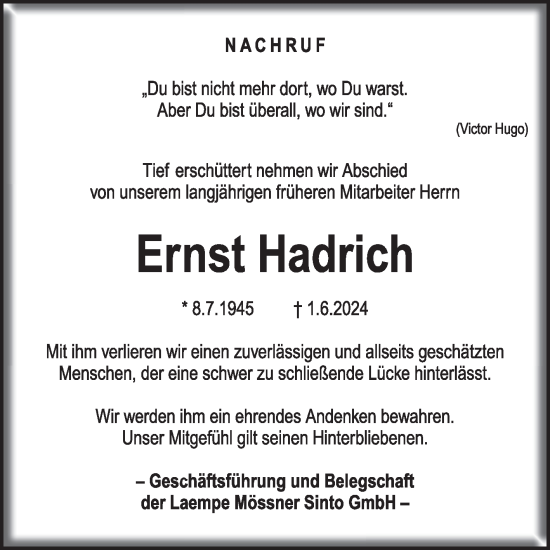 Traueranzeige von Ernst Hadrich von Volksstimme Haldensleben/Wolmirstedt