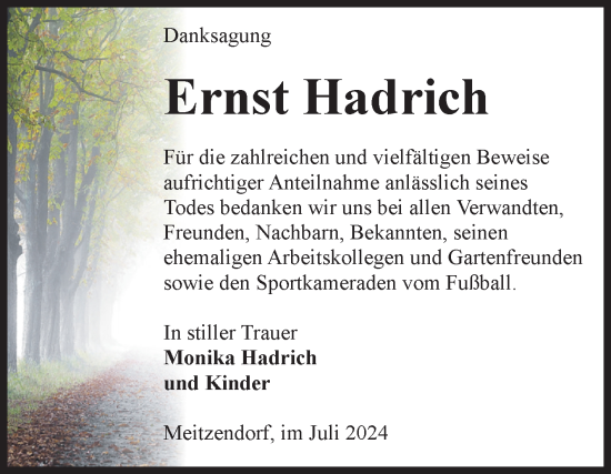 Traueranzeige von Ernst Hadrich von Volksstimme Haldensleben/Wolmirstedt