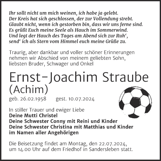 Traueranzeige von Ernst-Joachim Straube von Trauerkombi Bernburg