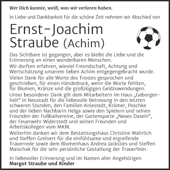 Traueranzeige von Ernst-Joachim Straube von Trauerkombi Mansfelder Land