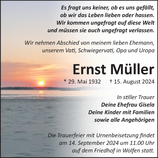 Traueranzeige von Ernst Müller von Trauerkombi Bitterfeld