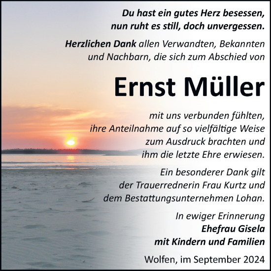 Traueranzeige von Ernst Müller von Trauerkombi Bitterfeld