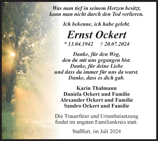 Traueranzeige von Ernst Ockert von Volksstimme Staßfurt
