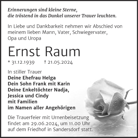 Traueranzeige von Ernst Raum von Trauerkombi Bitterfeld