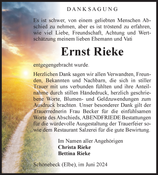Traueranzeige von Ernst Rieke von Volksstimme Schönebeck