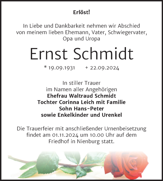 Traueranzeige von Ernst Schmidt von Trauerkombi Bernburg
