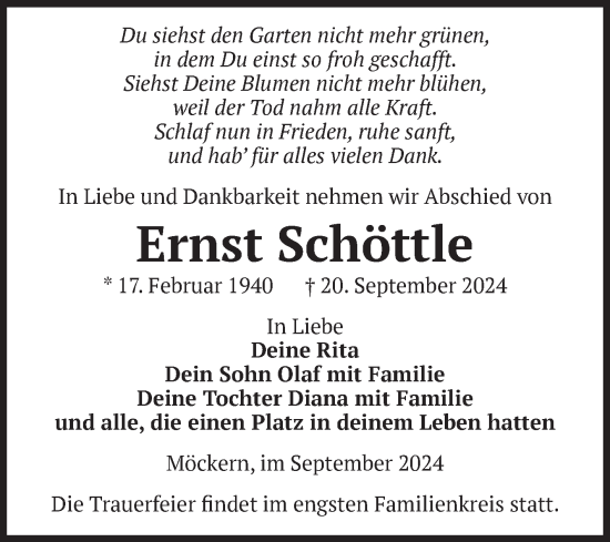 Traueranzeige von Ernst Schöttle von Volksstimme Burg/Genthin