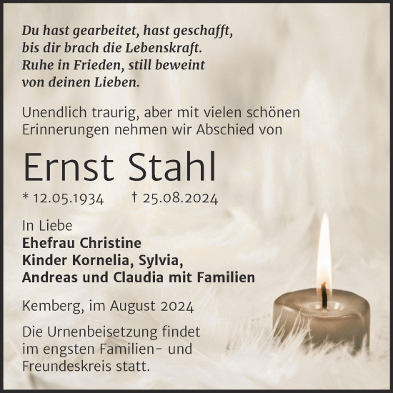 Traueranzeige von Ernst Stahl von Trauerkombi Wittenberg