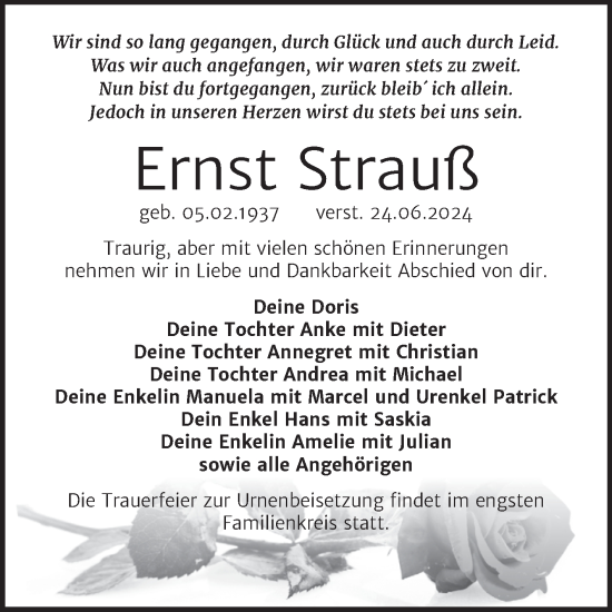 Traueranzeige von Ernst Strauß von Trauerkombi Weißenfels