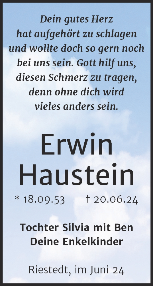 Traueranzeige von Erwin Haustein von Trauerkombi Sangerhausen