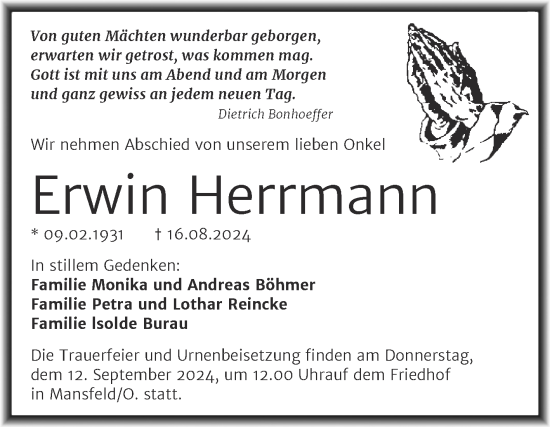 Traueranzeige von Erwin Herrmann von Trauerkombi Mansfelder Land