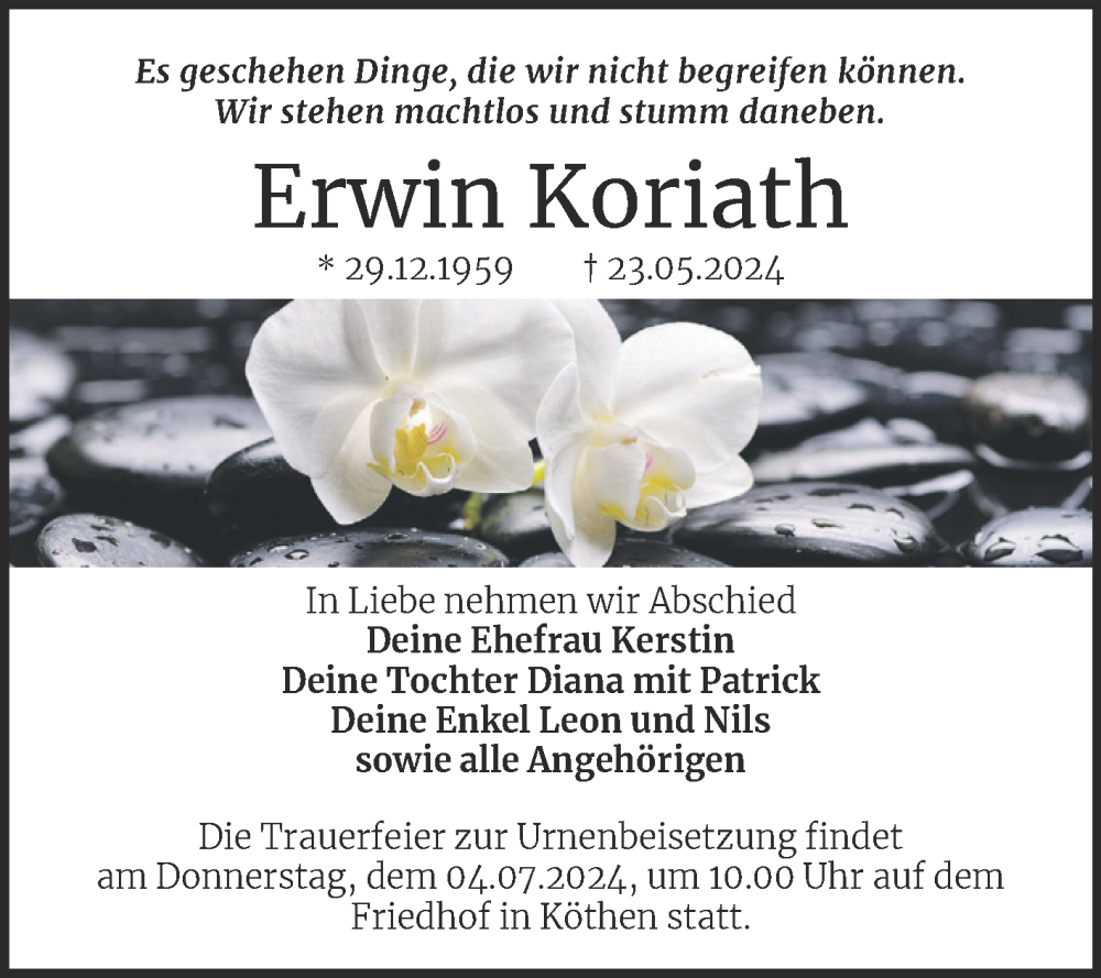  Traueranzeige für Erwin Koriath vom 22.06.2024 aus Trauerkombi Köthen
