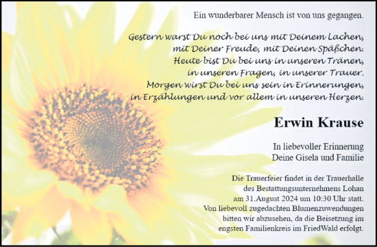 Traueranzeige von Erwin Krause von Trauerkombi Bitterfeld