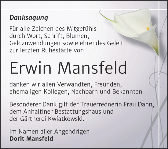 Traueranzeige von Erwin Mansfeld von Trauerkombi Dessau