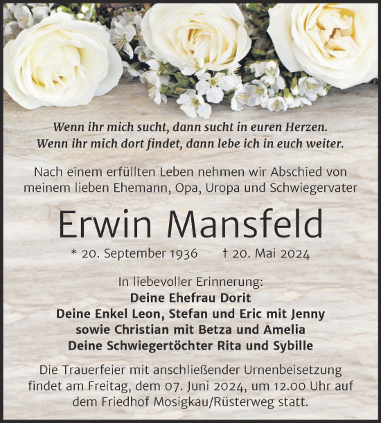 Traueranzeige von Erwin Mansfeld von Trauerkombi Dessau
