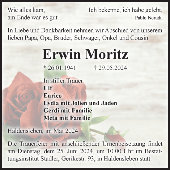 Traueranzeige von Erwin Moritz von Volksstimme Haldensleben/Wolmirstedt