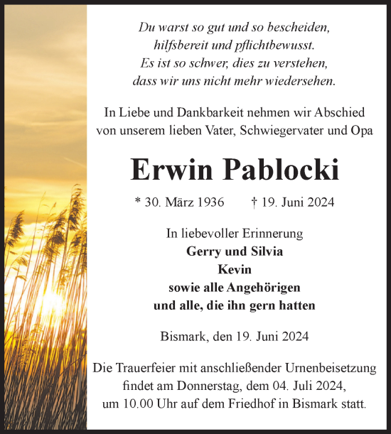 Traueranzeige von Erwin Pablocki von Volksstimme Altmark Ost