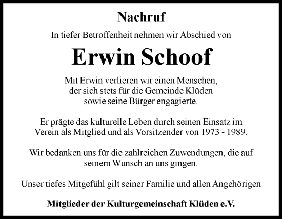 Traueranzeige von Erwin Schoof von Volksstimme Haldensleben/Wolmirstedt