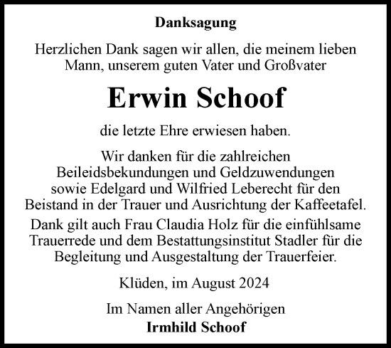 Traueranzeige von Erwin Schoof von Volksstimme Haldensleben/Wolmirstedt