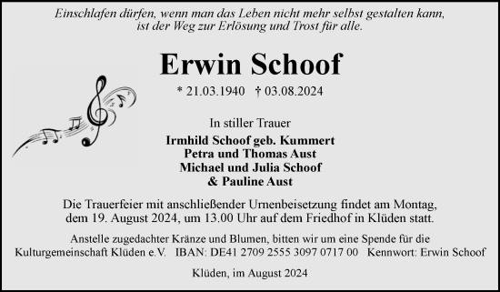 Traueranzeige von Erwin Schoof von Volksstimme Altmark West