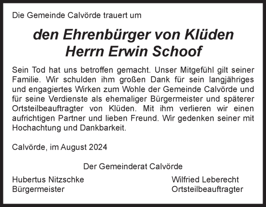 Traueranzeige von Erwin Schoof von Volksstimme Haldensleben/Wolmirstedt
