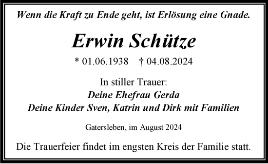 Traueranzeige von Erwin Schütze von Trauerkombi Aschersleben