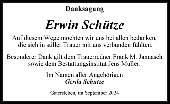 Traueranzeige von Erwin Schütze von Trauerkombi Aschersleben