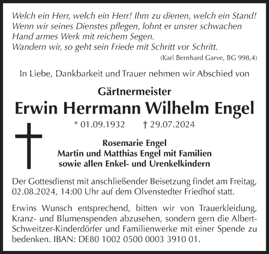 Traueranzeige von Erwin Herrmann Wilhelm Engel von Volksstimme Magdeburg