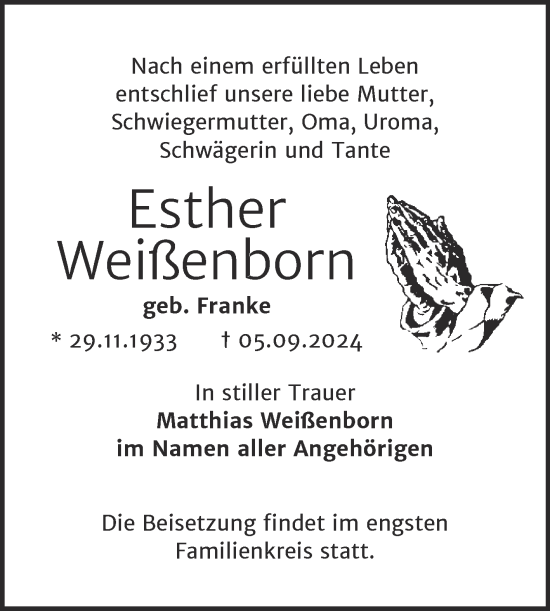 Traueranzeige von Esther Weißenborn von Trauerkombi Mansfelder Land